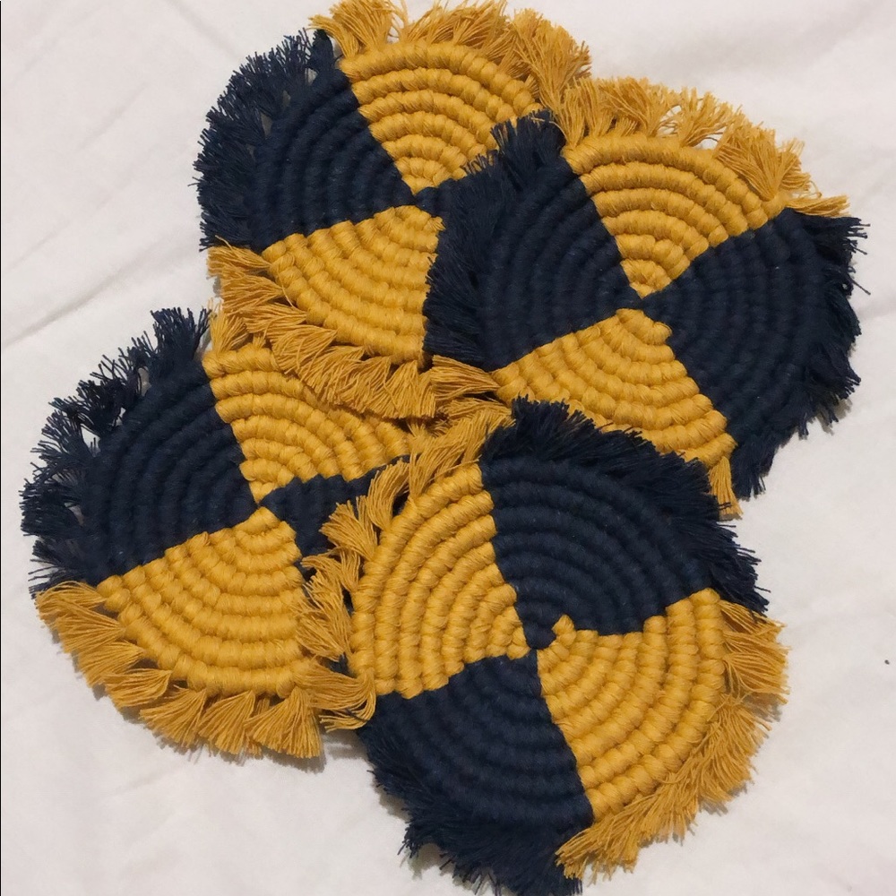 ✨HANDMADE✨ 4 macrame coasters - mustard & navy